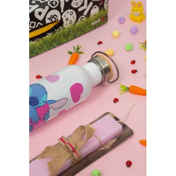 Lilo & Stitch hugs and hearts, Πασχαλινή Λαμπάδα με παγούρι μεταλλικό (620ml, stainless steel) & κερί αρωματικό πλακέ (30cm) (ΡΟΖ)