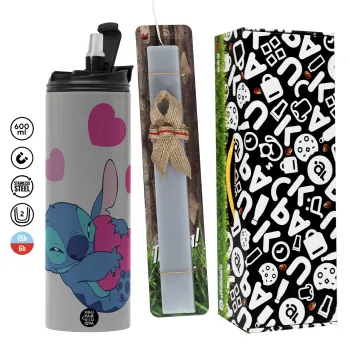 Lilo & Stitch hugs and hearts, Πασχαλινή Λαμπάδα με Travel Tumbler θερμό (600ml, BPA free) & κερί αρωματικό πλακέ (30cm) (ΓΚΡΙ)