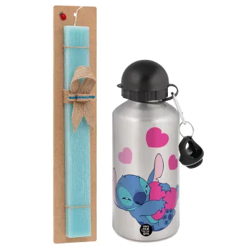 Lilo & Stitch hugs and hearts, Πασχαλινή Λαμπάδα με παγούρι μεταλλικό Ασημένιο αλουμινίου (500ml) & κερί αρωματικό πλακέ (30cm) (ΤΙΡΚΟΥΑΖ)