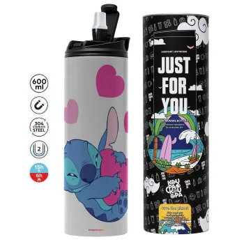 Lilo & Stitch hugs and hearts, Tumbler ποτήρι θερμό ΓΚΡΙ από ανοξείδωτο ατσάλι 600ml