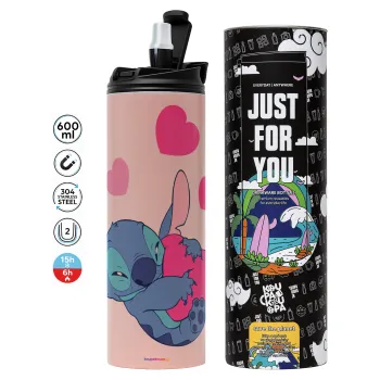 Lilo & Stitch hugs and hearts, Tumbler ποτήρι θερμό ΡΟΖ από ανοξείδωτο ατσάλι 600ml