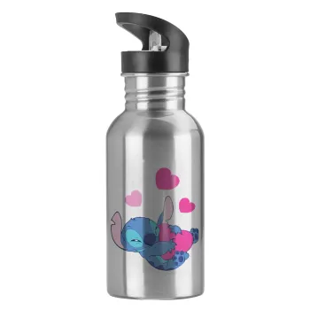 Lilo & Stitch hugs and hearts, Water bottle Silver with straw, stainless steel 600ml