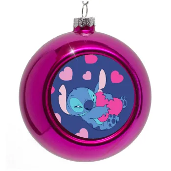 Lilo & Stitch hugs and hearts, Purple Christmas tree ornament bauble 8cm