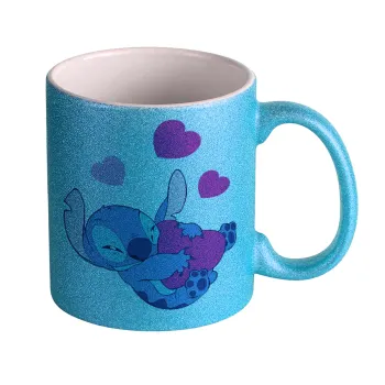 Lilo & Stitch hugs and hearts, Κούπα Σιέλ Glitter που γυαλίζει, κεραμική, 330ml
