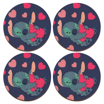 Lilo & Stitch hugs and hearts, ΣΕΤ x4 Σουβέρ ξύλινα στρογγυλά plywood (9cm)