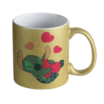 Lilo & Stitch hugs and hearts, Κούπα Χρυσή Glitter που γυαλίζει, κεραμική, 330ml