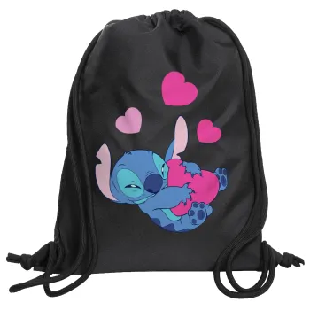 Lilo & Stitch hugs and hearts, Τσάντα πλάτης πουγκί GYMBAG Μαύρη, με τσέπη (40x48cm) & χονδρά κορδόνια