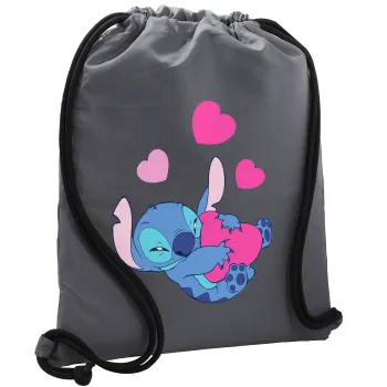 Lilo & Stitch hugs and hearts, Τσάντα πλάτης πουγκί GYMBAG ΓΚΡΙ, με τσέπη (40x48cm) & χονδρά κορδόνια
