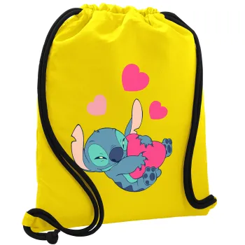 Lilo & Stitch hugs and hearts, Backpack pouch GYMBAG Yellow, with pocket (40x48cm) & thick cords
