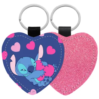 Lilo & Stitch hugs and hearts, Μπρελόκ PU δερμάτινο glitter καρδιά ΡΟΖ