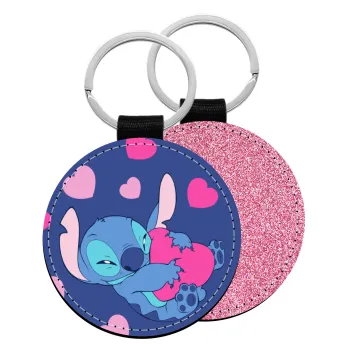 Lilo & Stitch hugs and hearts, Μπρελόκ Δερματίνη, στρογγυλό ΡΟΖ (5cm)