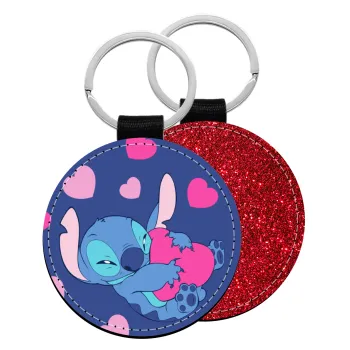 Lilo & Stitch hugs and hearts, Μπρελόκ Δερματίνη, στρογγυλό ΚΟΚΚΙΝΟ (5cm)