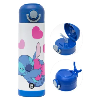 Lilo & Stitch hugs and hearts, Παιδικό παγούρι θερμό, ανοξείδωτο, με καλαμάκι ασφαλείας, ΜΠΛΕ (500ml)