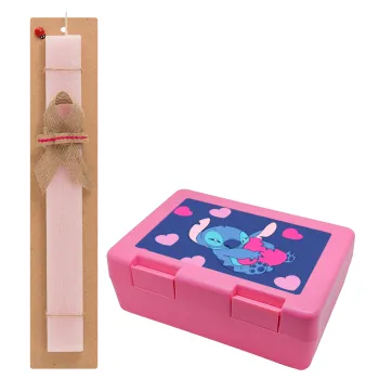 Lilo & Stitch hugs and hearts, Easter Set, children's snack container PINK & scented flat Easter candle (30cm) (PINK)