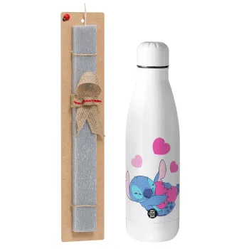 Lilo & Stitch hugs and hearts, Easter Set, metallic stainless thermos bottle (500ml) & scented flat Easter candle (30cm) (GRAY)
