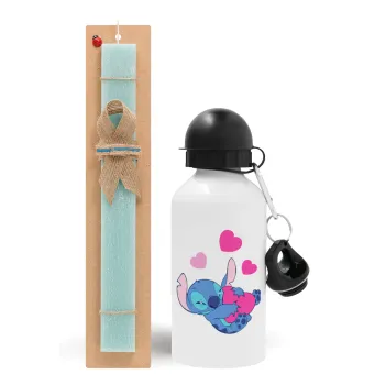 Lilo & Stitch hugs and hearts, Easter Set, metallic aluminum water bottle (500ml) & scented flat candle (30cm) (TURQUOISE)