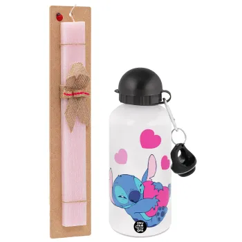 Lilo & Stitch hugs and hearts, Πασχαλινή Λαμπάδα με παγούρι μεταλλικό αλουμινίου (500ml) & κερί αρωματικό πλακέ (30cm) (ΡΟΖ)