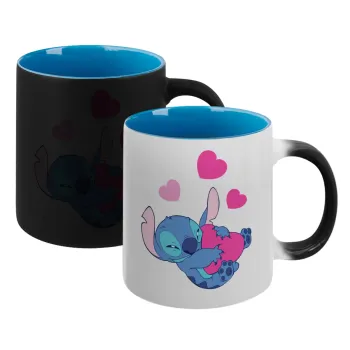 Lilo & Stitch hugs and hearts, Κούπα Μαγική εσωτερικό μπλε, κεραμική 330ml που αλλάζει χρώμα με το ζεστό ρόφημα