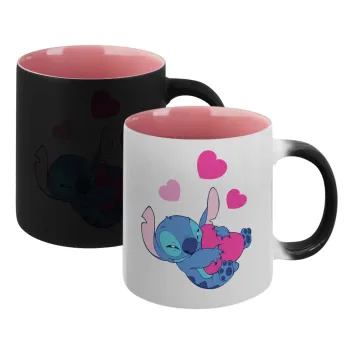 Lilo & Stitch hugs and hearts, Κούπα Μαγική εσωτερικό ΡΟΖ, κεραμική 330ml που αλλάζει χρώμα με το ζεστό ρόφημα