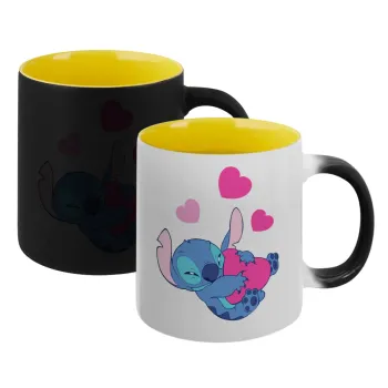 Lilo & Stitch hugs and hearts, Κούπα Μαγική εσωτερικό κίτρινη, κεραμική 330ml που αλλάζει χρώμα με το ζεστό ρόφημα