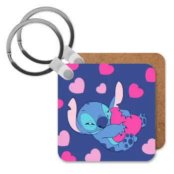 Lilo & Stitch hugs and hearts, Μπρελόκ Ξύλινο τετράγωνο MDF