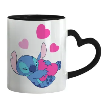 Lilo & Stitch hugs and hearts, Mug heart black handle, ceramic, 330ml