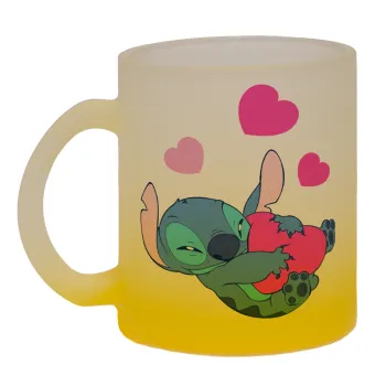 Lilo & Stitch hugs and hearts, Κούπα γυάλινη δίχρωμη με βάση το κίτρινο ματ, 330ml