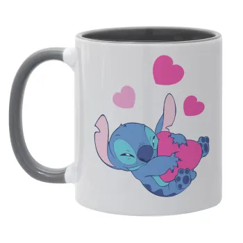 Lilo & Stitch hugs and hearts, Κούπα χρωματιστή γκρι, κεραμική, 330ml