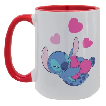 Lilo & Stitch hugs and hearts, Κούπα Mega 15oz, κεραμική Κόκκινη, 450ml