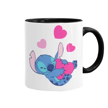 Lilo & Stitch hugs and hearts, Κούπα χρωματιστή μαύρη, κεραμική, 330ml