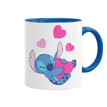 Lilo & Stitch hugs and hearts, Mug colored blue, ceramic, 330ml