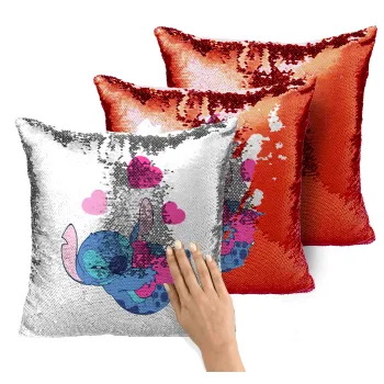 Lilo & Stitch hugs and hearts, Μαξιλάρι καναπέ Μαγικό Κόκκινο με πούλιες 40x40cm περιέχεται το γέμισμα