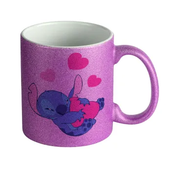 Lilo & Stitch hugs and hearts, Κούπα Μωβ Glitter που γυαλίζει, κεραμική, 330ml