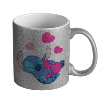 Lilo & Stitch hugs and hearts, Κούπα Ασημένια Glitter που γυαλίζει, κεραμική, 330ml