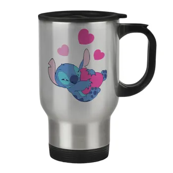 Lilo & Stitch hugs and hearts, Κούπα ταξιδιού ανοξείδωτη με καπάκι, διπλού τοιχώματος (θερμό) 450ml