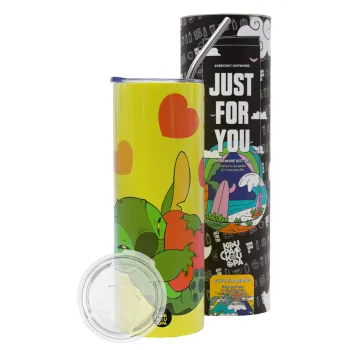 Lilo & Stitch hugs and hearts, Neon Yellow Travel Tumbler θερμό, μεταλλικό καλαμάκι(Ανωξείδωτο 304 Food grade, BPA free, 600ml)