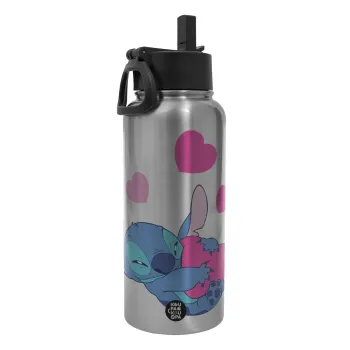 Lilo & Stitch hugs and hearts, Μεταλλικό παγούρι θερμός Silver με καλαμάκι και χερούλι (Stainless steel), διπλού τοιχώματος, 950ml