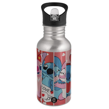 Lilo & Stitch Love, Water bottle Silver with straw, stainless steel 500ml