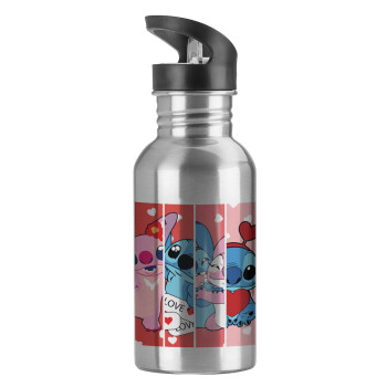 Lilo & Stitch Love, Water bottle Silver with straw, stainless steel 600ml