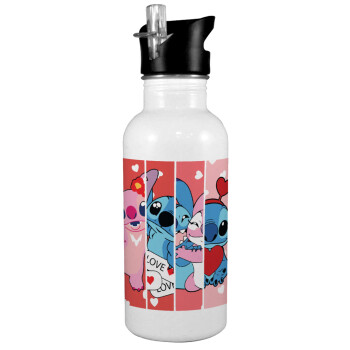 Lilo & Stitch Love, White water bottle with straw, stainless steel 600ml