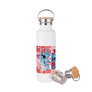 Lilo & Stitch Love, Μεταλλικό παγούρι θερμός (Stainless steel) Λευκό με ξύλινο καπάκι (bamboo), διπλού τοιχώματος, 750ml