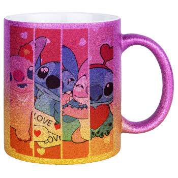 Lilo & Stitch Love, Κούπα Χρυσή/Ροζ Glitter, κεραμική, 330ml