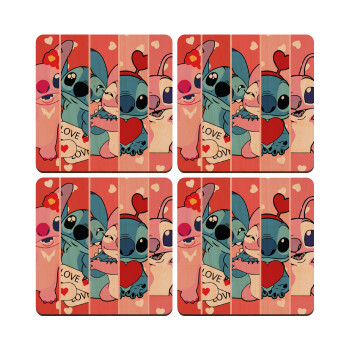 Lilo & Stitch Love, ΣΕΤ x4 Σουβέρ ξύλινα τετράγωνα plywood (9cm)