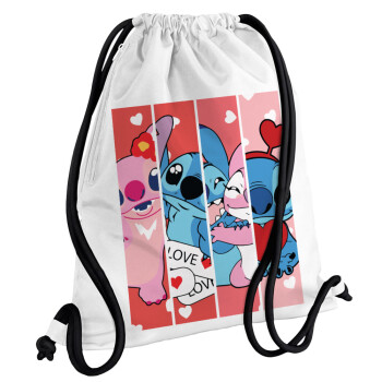 Lilo & Stitch Love, Τσάντα πλάτης πουγκί GYMBAG λευκή, με τσέπη (40x48cm) & χονδρά κορδόνια