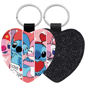 Lilo & Stitch Love, Μπρελόκ PU δερμάτινο glitter καρδιά ΜΑΥΡΟ