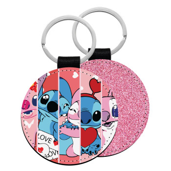 Lilo & Stitch Love, Μπρελόκ Δερματίνη, στρογγυλό ΡΟΖ (5cm)
