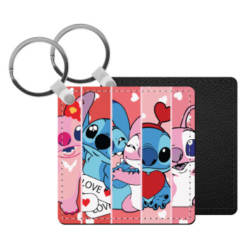 Lilo & Stitch Love, Μπρελόκ Δερματίνη, τετράγωνο ΜΑΥΡΟ (5x5cm)