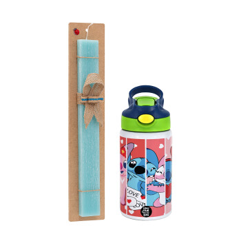 Lilo & Stitch Love, Easter Set, Children's thermal stainless steel bottle with safety straw, green/blue (350ml) & aromatic flat Easter candle (30cm) (TURQUOISE)