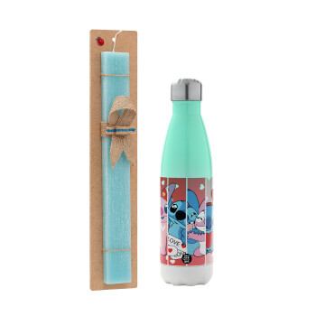 Lilo & Stitch Love, Easter Set, Metallic green/white thermos (Stainless steel), double-walled, 500ml & scented flat Easter candle (30cm) (TURQUOISE)