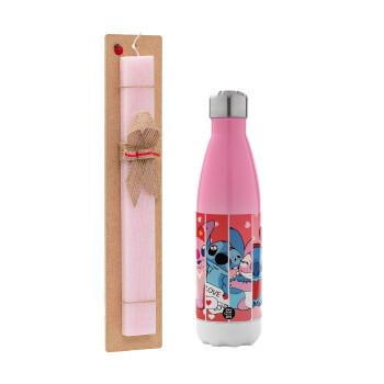 Lilo & Stitch Love, Easter Set, Metallic pink/white (Stainless steel) thermos, double-walled, 500ml & aromatic flat Easter candle (30cm) (PINK)